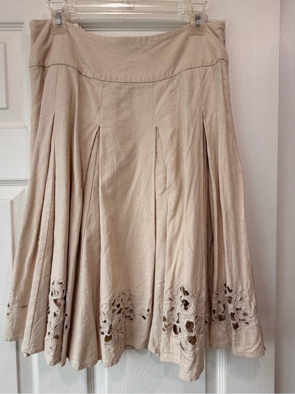 Hillard & Hanson Beige Linen Circle Skirt with Cutwork Hem